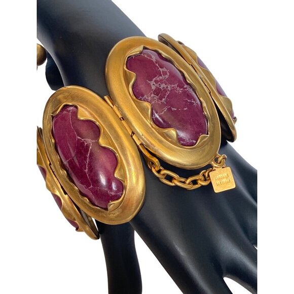 Anne‎ Klein Couture rare vintage 80s magenta marble cabochon earrings & bracelet - Picture 4 of 10